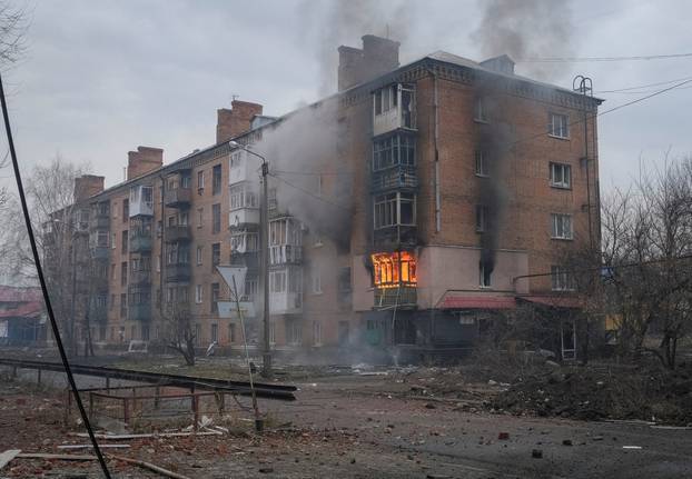 FILE PHOTO: A general view shows a building damaged by a Russian military strike in Bakhmut