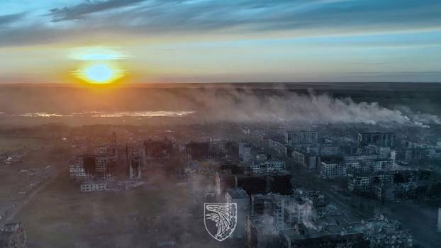 Aerial view shows destructions in the frontline town of Bakhmut