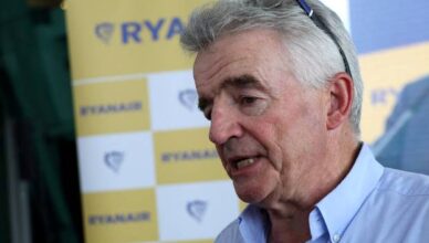 FILE PHOTO: Ryanair Chief Executive Michael O'Leary speaks during a press event at Tirana International Airport