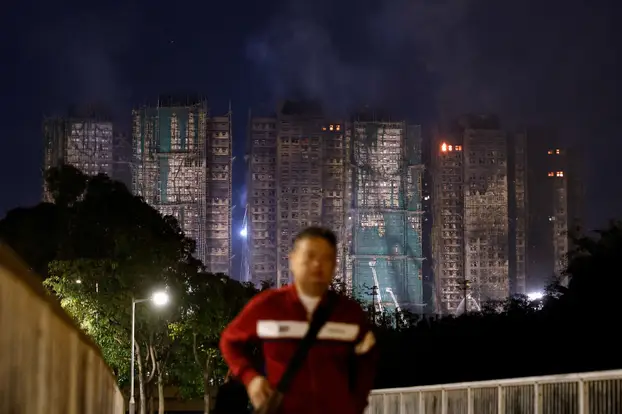 Scene of a deadly fire at Wang Fuk Court housing complex, in Hong Kong