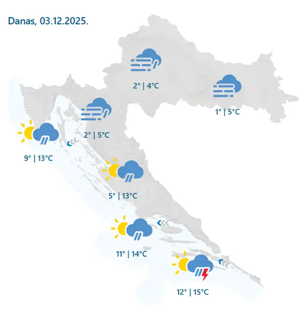 Oblačno, maglovito, s kišom u Dalmaciji, a sutra stiže i snijeg